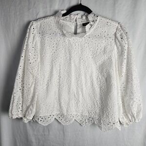 INC Cotton Eyelet Lace High Neck Puff Sleeve White Shirt Scallop Hem Womens XL